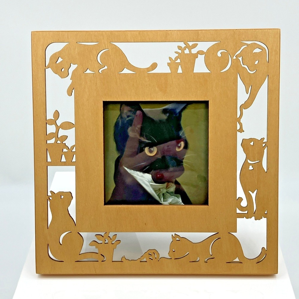 Wood Carved Cut Out‎ Cat Kitten Picture Frame Plants Quirky Kitschy Photo Gift